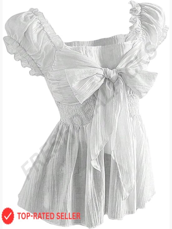 Tops - Women's Summer Puff Sleeve Peplum Blouse Smocked Tie Bow Chiffon Top Size XS-L
